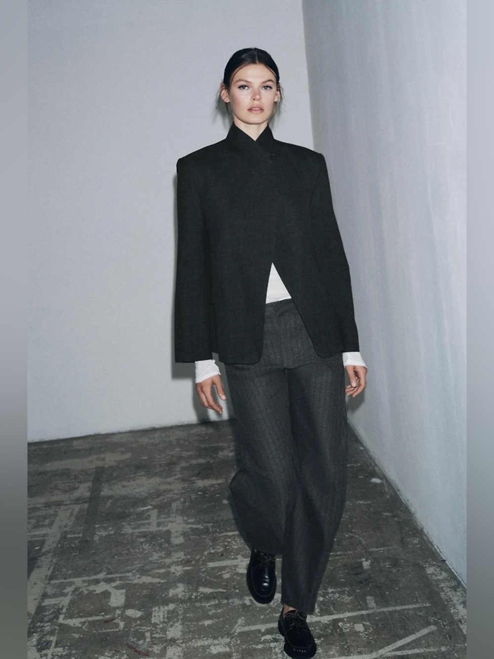 Zara ZW Collection Striped Barrel Leg Pant Trousers, in Gray Pinstripe